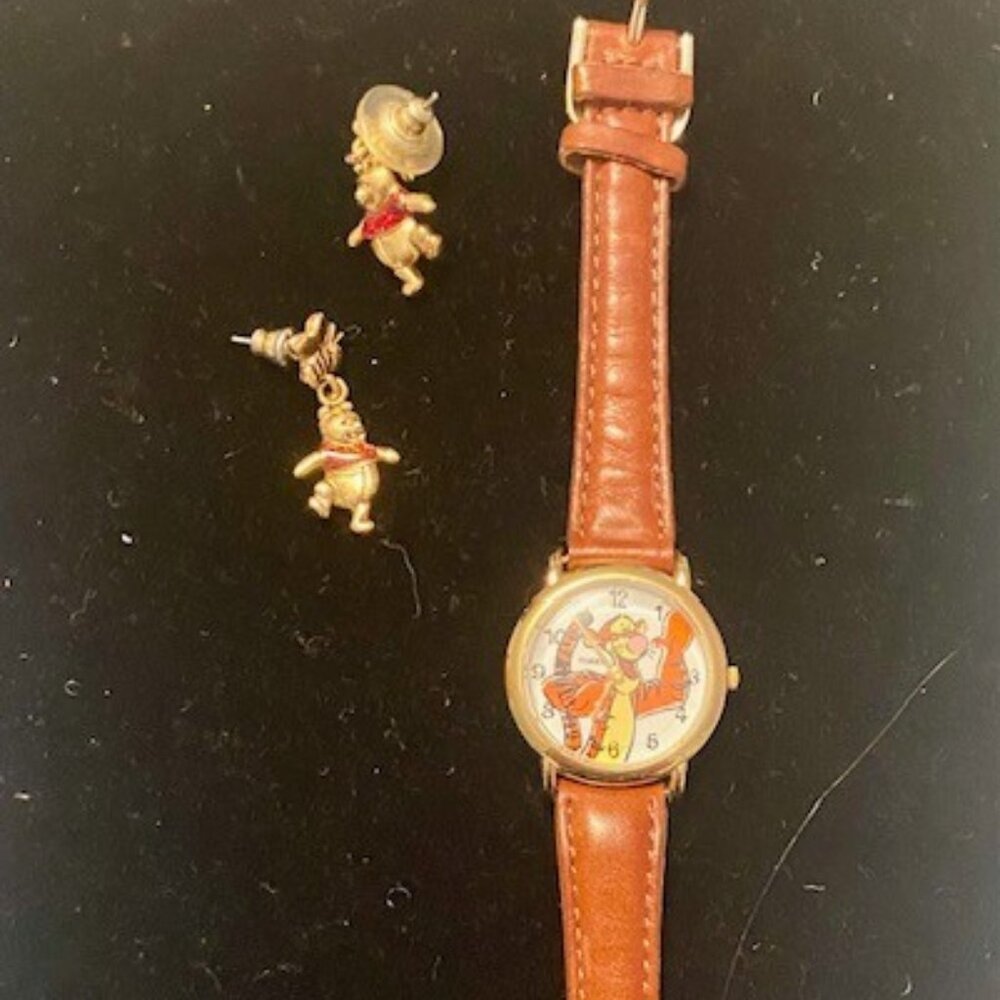 Winnie the Pooh earrings and Tigger watch with leather band